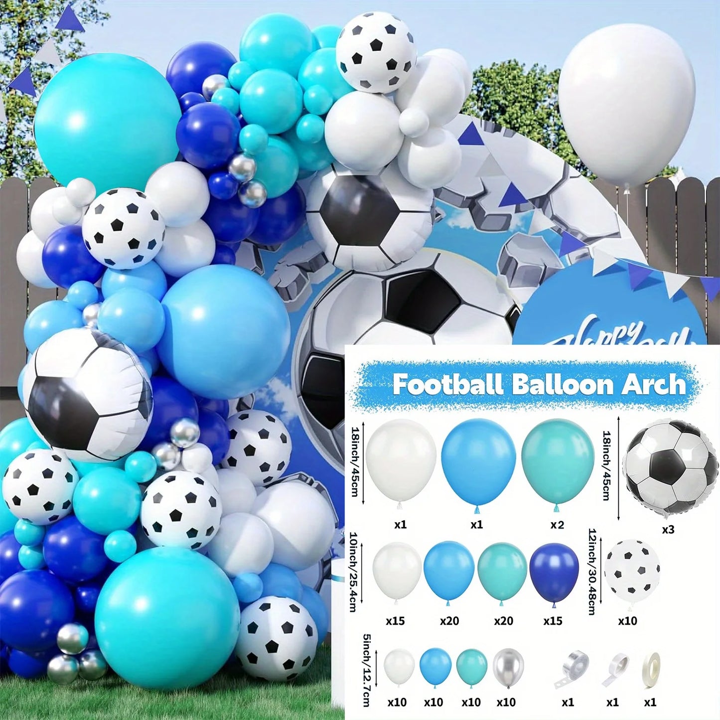 130 Pcs Blue Football Themed Balloon Arch Kit