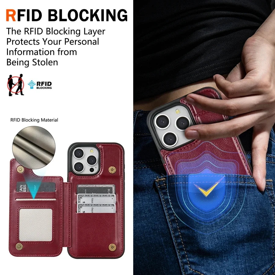 RFID Blocking Magnetic Leather Wallet Case for iPhone